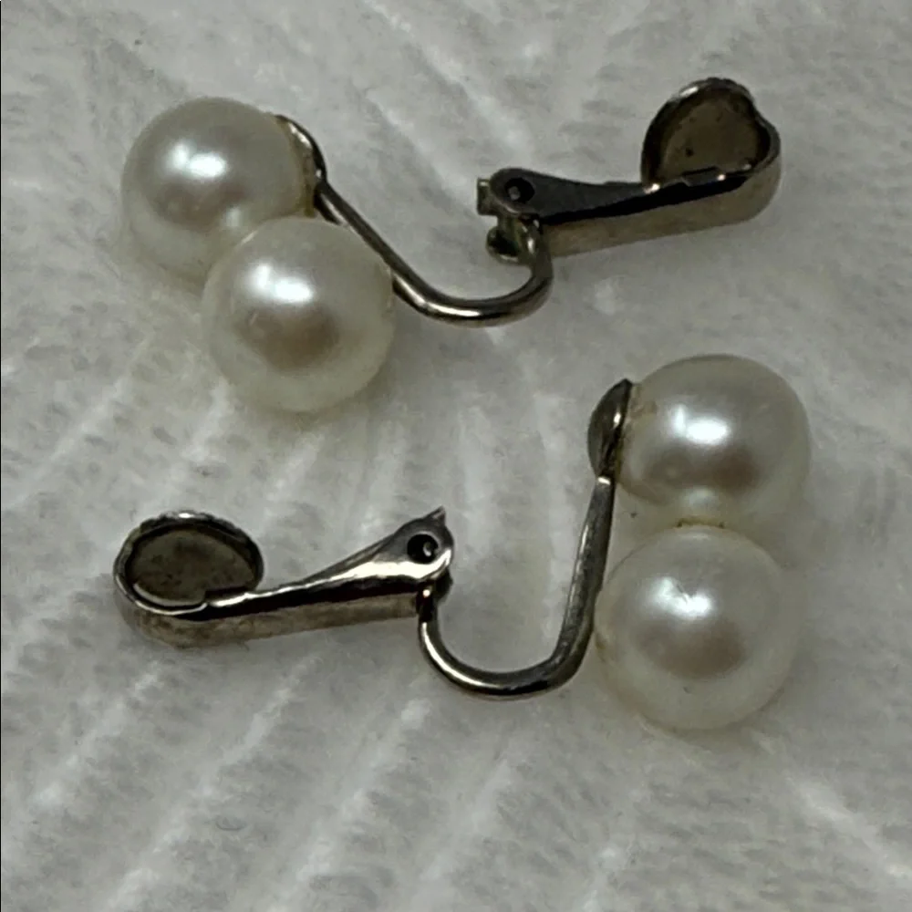 Vintage Faux Pearl Clip-On Earrings Silver Tone Double Pearl Old Hollywood glam